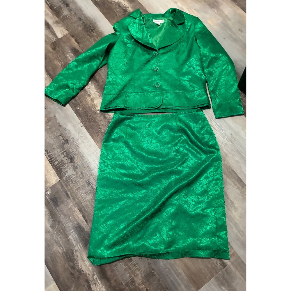Danillo Emerald Green Jacquard Skirt Suit Set Leaf Pattern Size 16 Holiday Event